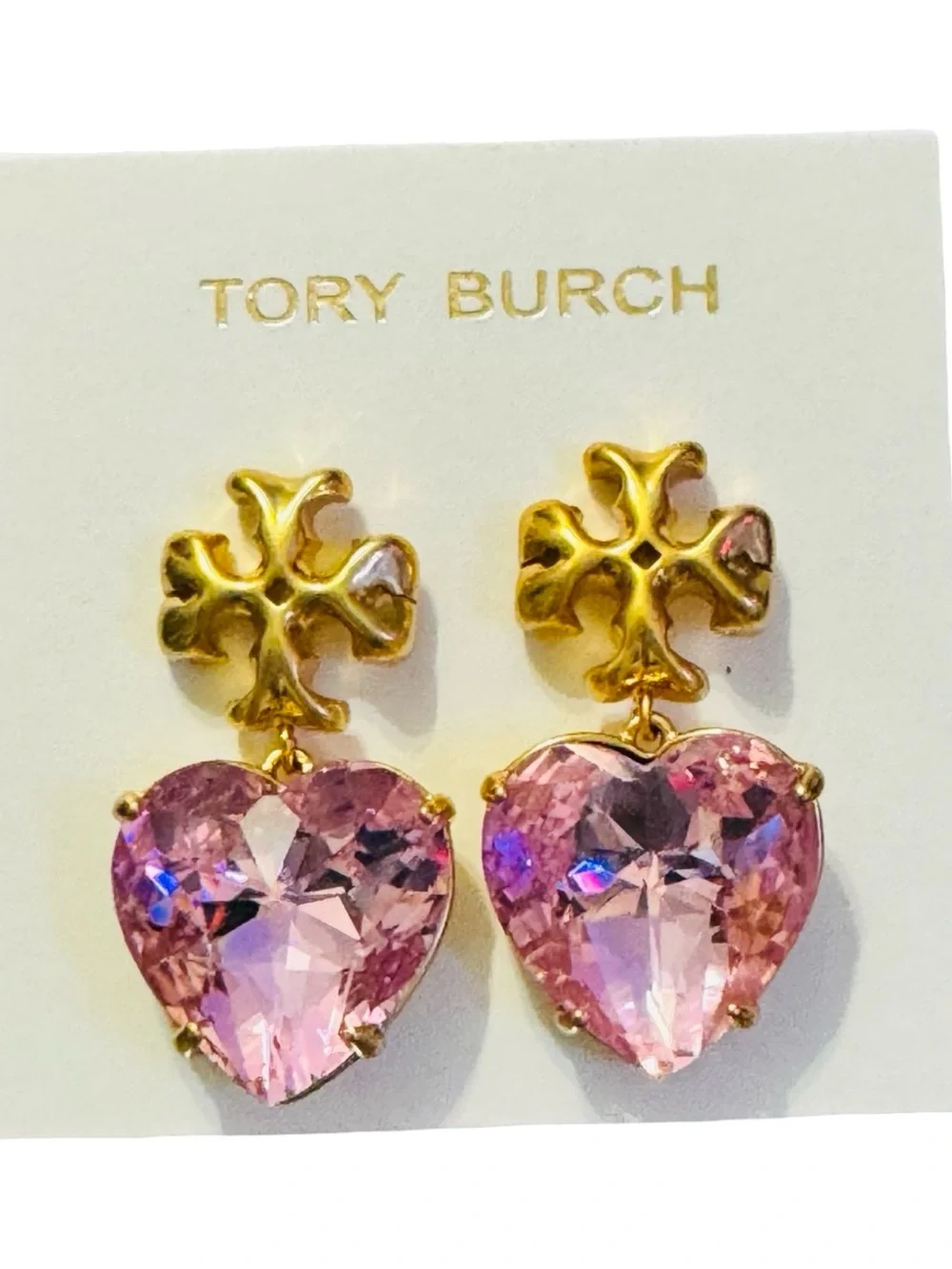 Tory Burch Gold-tone Earrings with Pink Heart Crystals NWT & Dustbag!